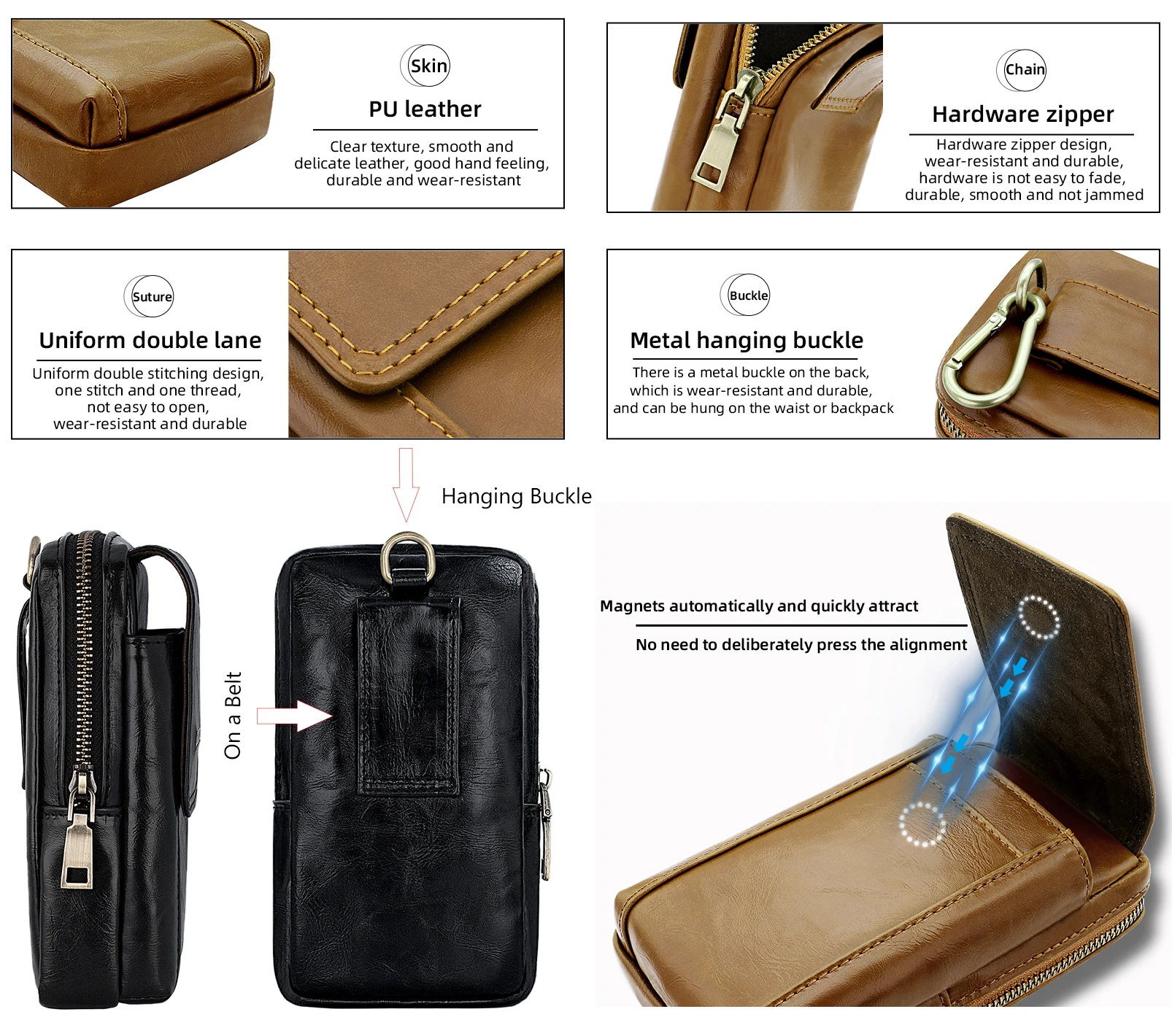 PU Leather Phone Holster with Belt Loop & Clip Multifunctional Big Capacity Cell Phone Universal Holster Waist Bag Compatible