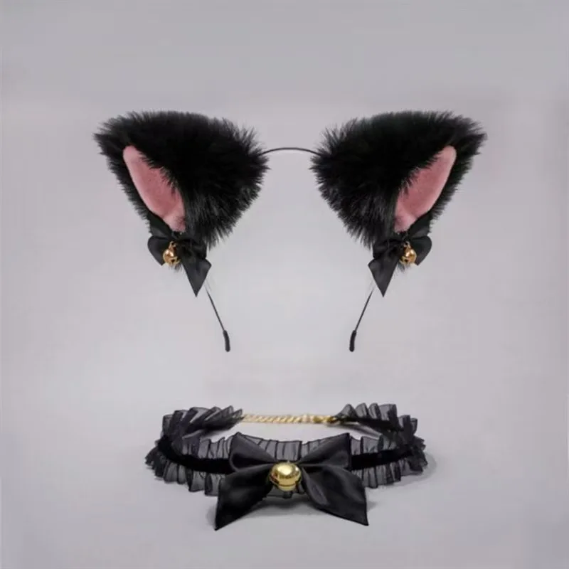 Fashionable Sweet and Cute Cat Ear Bell Headband Black Wild Small Collar Kawaii Bow Bell Collar Choker Bracelet Accessories