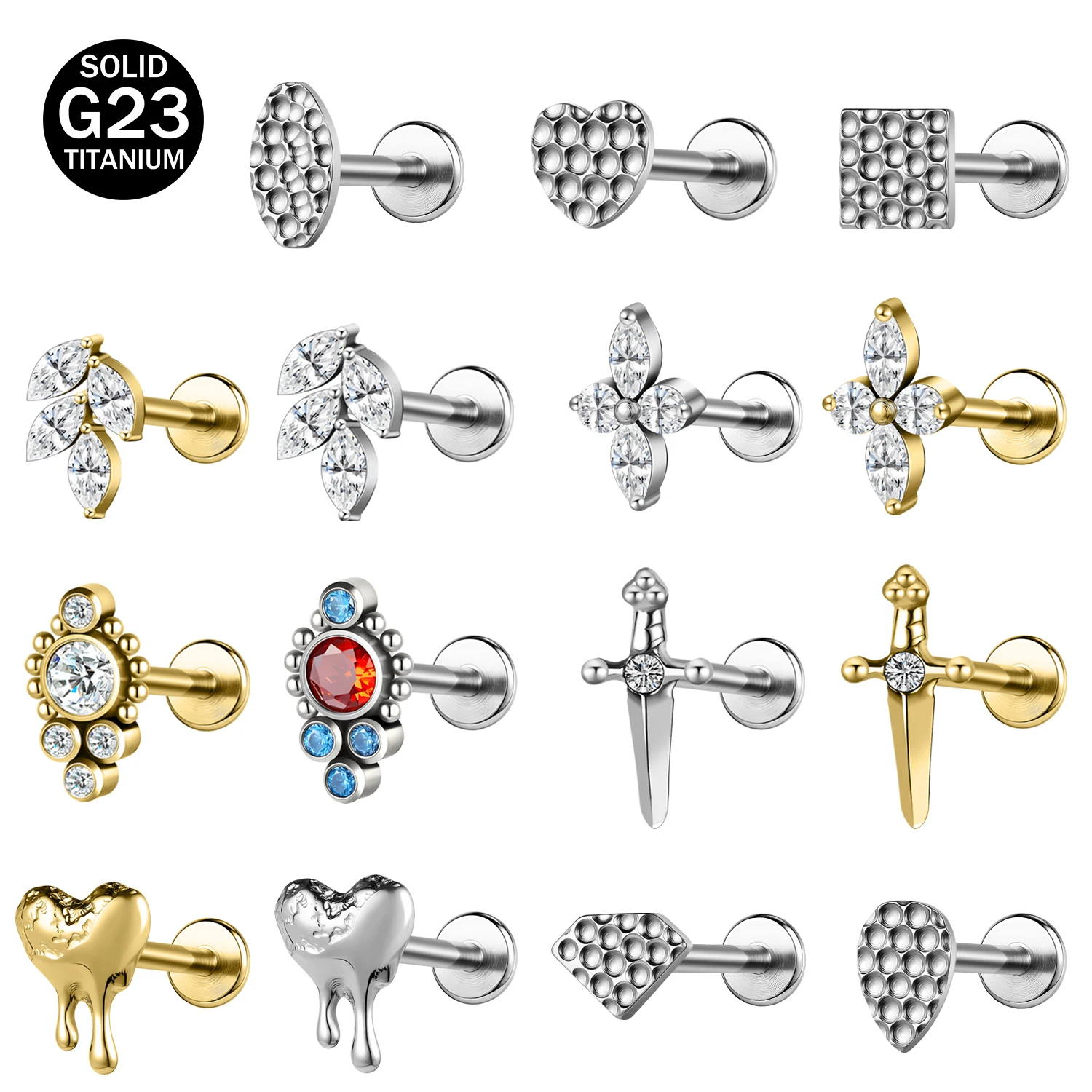 

ZS 1PC 16G G23 Titanium Lip Rings Heart Cross Leaf Shape Labret Piercing Gold Color Ear Stud 8mm Cartilage Earring Body Jewelry