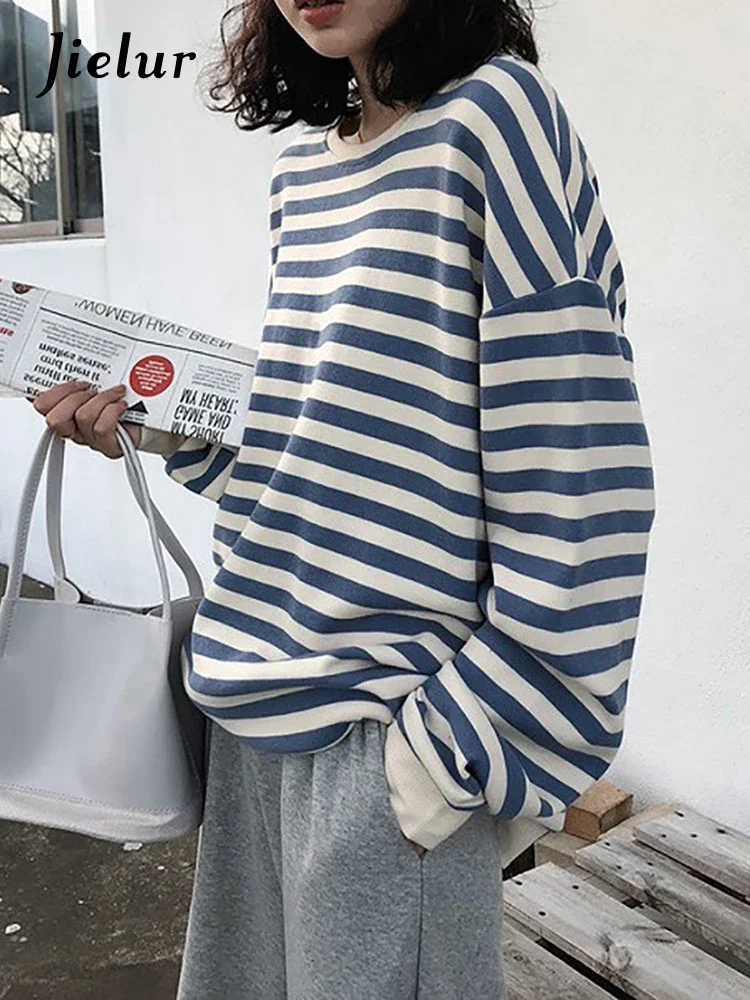 

Jielur Hoodies Women Harajuku Gothic Blue Striped Cotton Korean Thin Sweatshirt Autumn Long Sleeve Loose Female Hoodie M-XXL