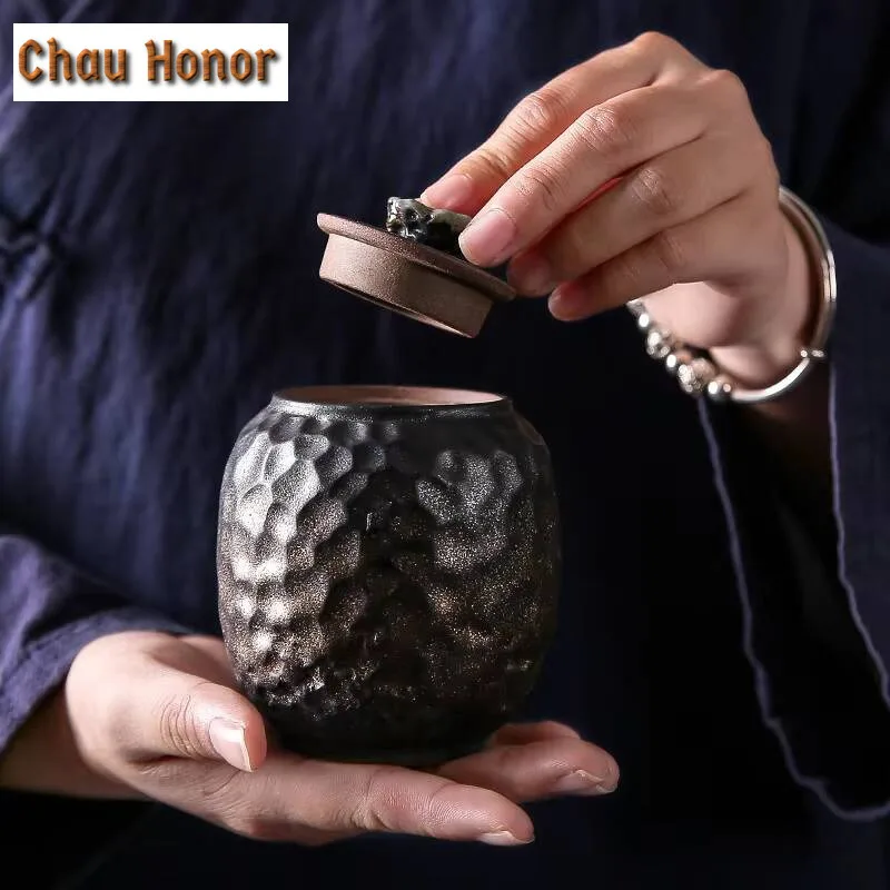 Japanese Gilded Iron Glaze Tea Caddy Household Dried Fruit Round Sealed Pot Ceramic Kung Fu Tea Set Accessories Customized Gift