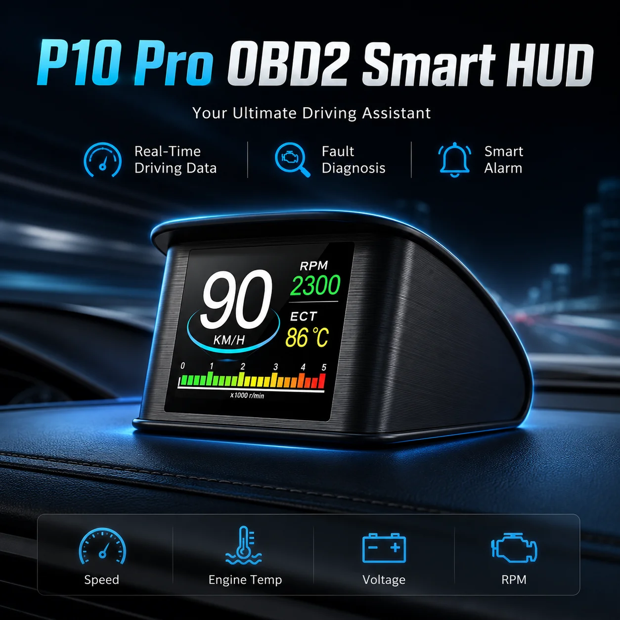 AD P10 OBD2 스마트 미터 디지털 HUD 헤드업 디스플레이 자동차 속도계 온도 RPM 마일리지 게이지 HUD 자동차 진단 도구