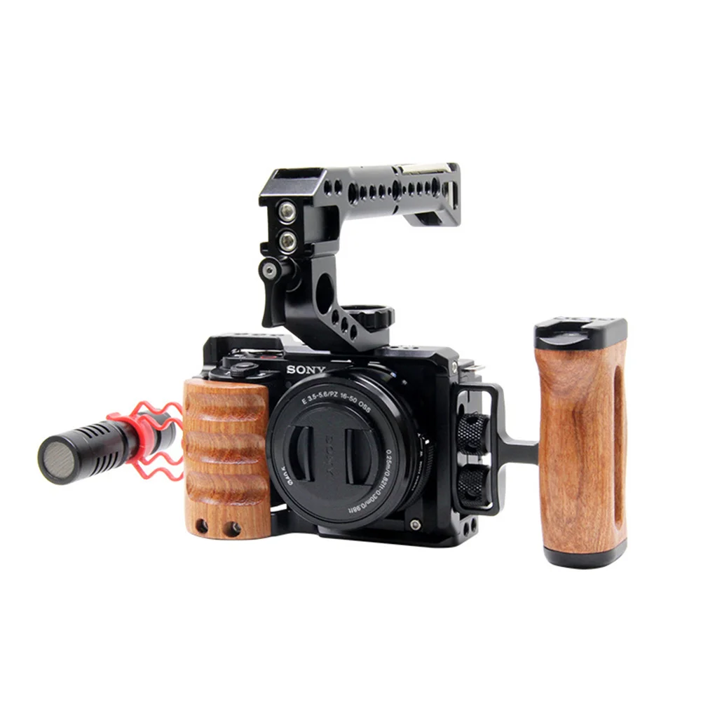 Camera Cage with Wooden Grip Rig for Sony ZVE10 Accessories Vlog Case  Handheld Bracket Cold Shoe Mic LED Light Mount Video Rig