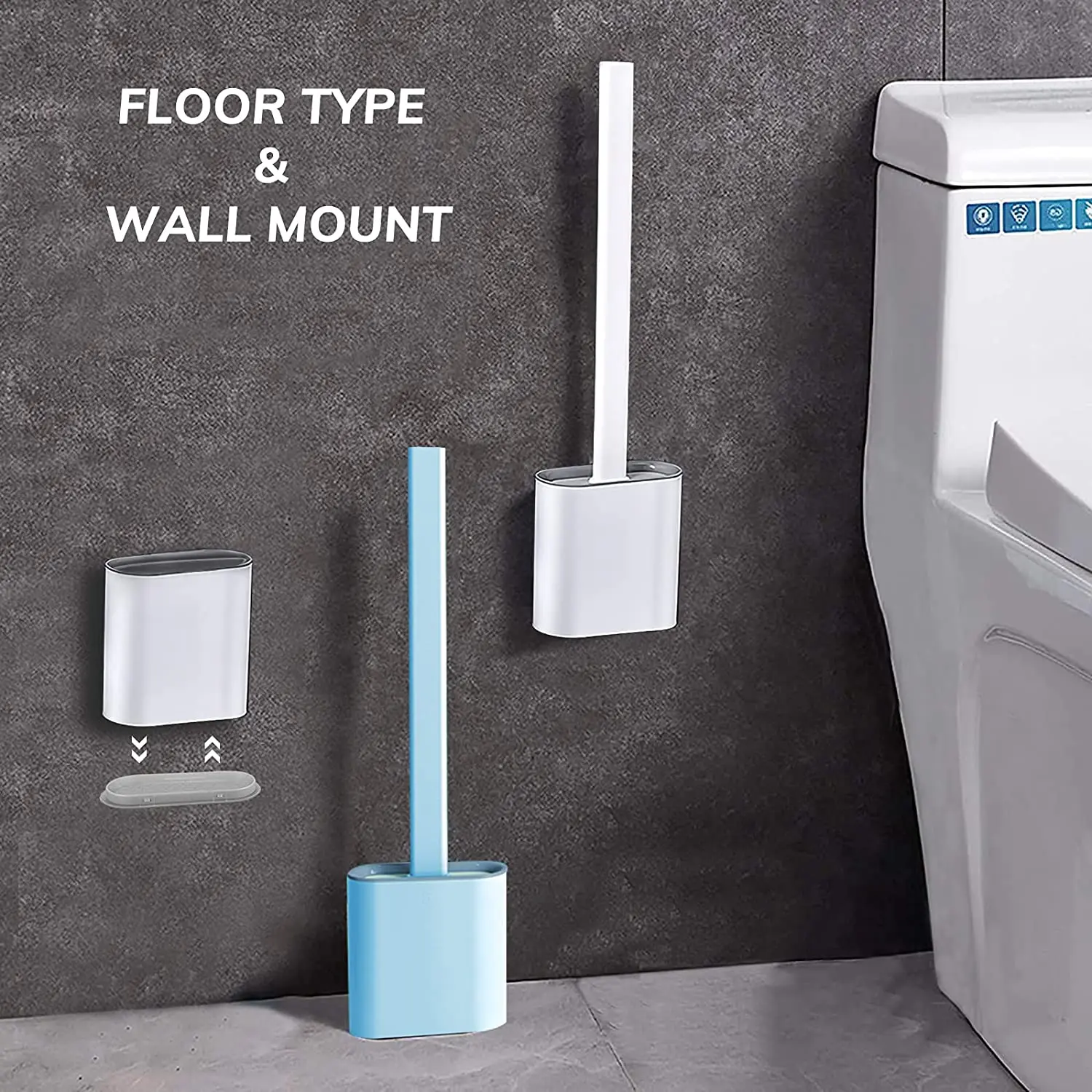 Toilet Brush Bathroom Silicone Toilet Brushes Holder Sets No-Slip Long Plastic Handle Soft Flexible Bristles