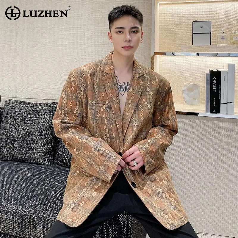 

LUZHEN Spring Fashion Jacquard Woolen Plaid Blazer Coat Men's Trendy Elegant Loose 2024 Original New Jacket Free Shipping LZ3102