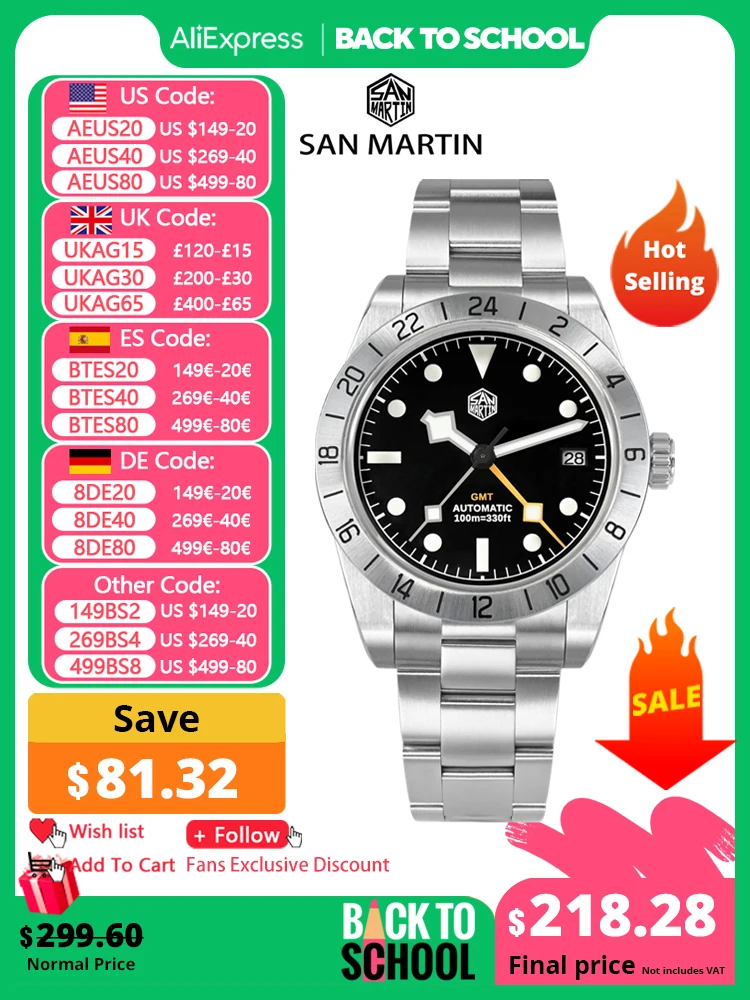 San Martin NH34 39mm BB GMT Luxury Men's Watches Business Dress Watch For Men Automatic Mechanical Sapphire Date Windows BGW9 mechanical watch