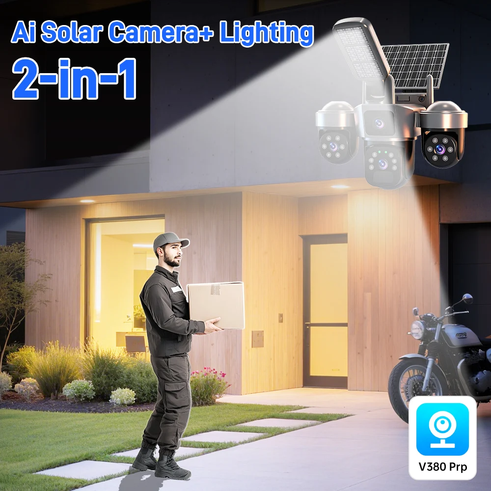 V380 8K 15MP WiFi Solar Camera With Solar Lighting 3-Screen Security Protection Wireless WiFi Solar Outdoor Surveillance 3