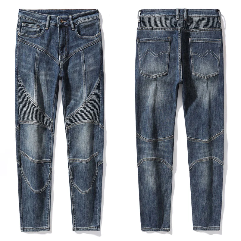 High Street Fashion Men Jeans Retro Blue Elastic Stretch Slim Fit Biker Jeans Men Spliced Designer Hip Hop Denim Pants Hombre