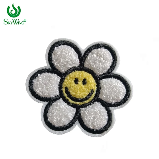 Smiley Face Daisy Flower Chenille Iron On Patch