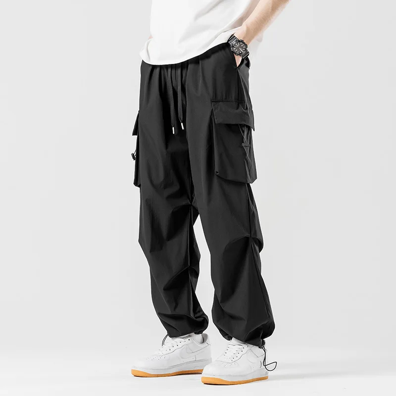 2024 New Spring/Summer Men's Solid Color Drawstring Pocket Elastic Waist Sports Unisex Outdoor Straight Leg Casual Cargo Pants