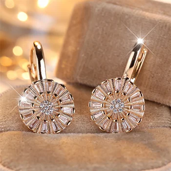 Luxury Crystal Round Flower White Zircon Hoop Earrings For Women Vintage Gold Color Ear Buckle Wedding Jewelry Versatile Gifts