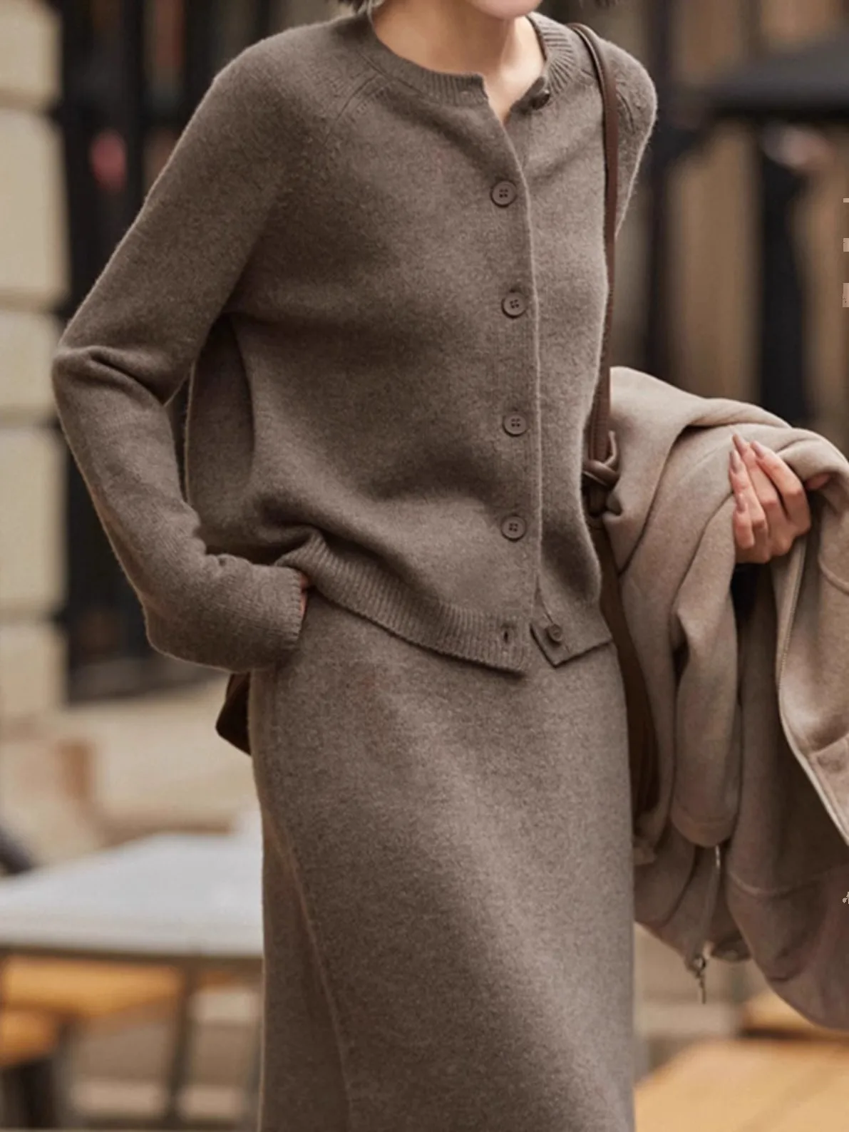 A sense of class! Temperament round neck 100 pure cashmere knit cardigan suit women loose bottom sweater coat