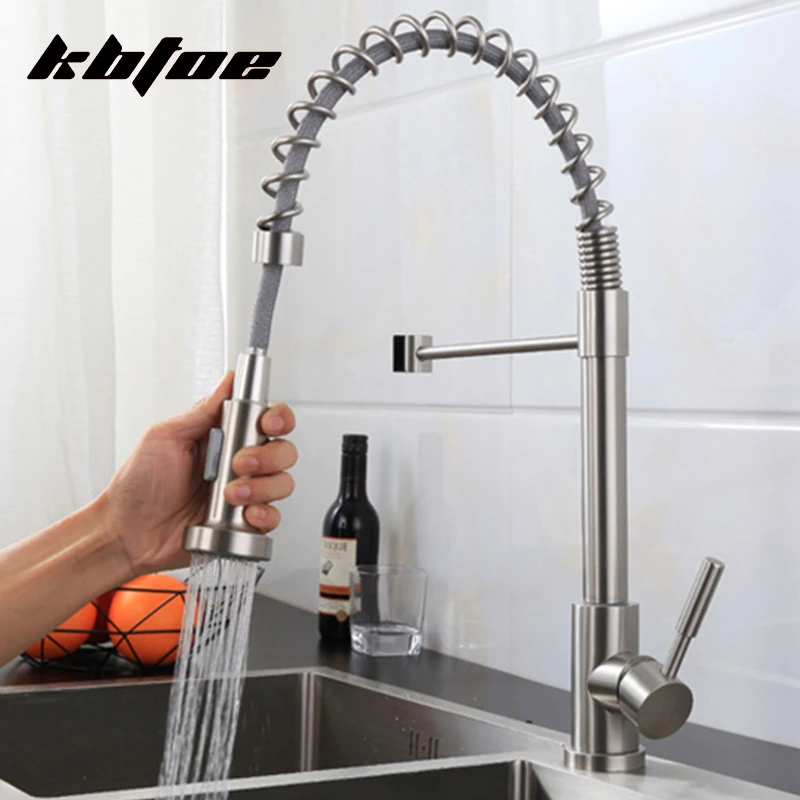 Brushed Nickel Kitchen Faucet Pull Down Spring Hot Cold Water Sink Mixer Tap 360 Rotation Deck Mounted Stainless Steel Wash Tap