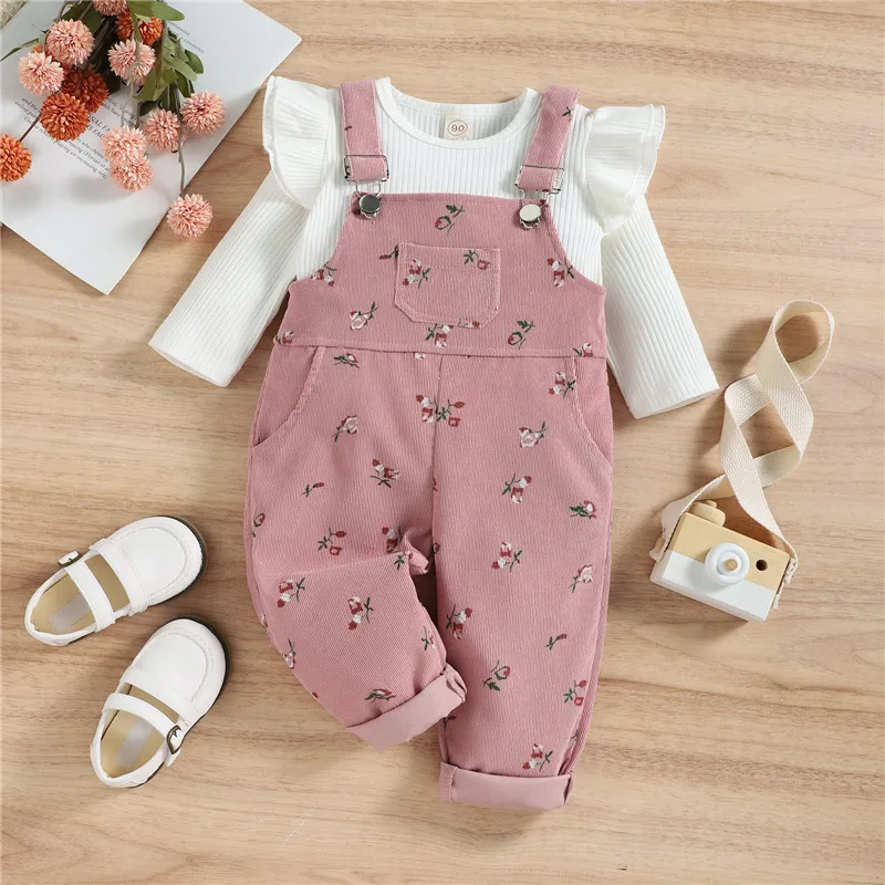 1-4yers Infant Girls Spring Fall Set Pink White Long Sleeve Tops+ Floral Print Suspender Trousers Outfits For Toddler Girls