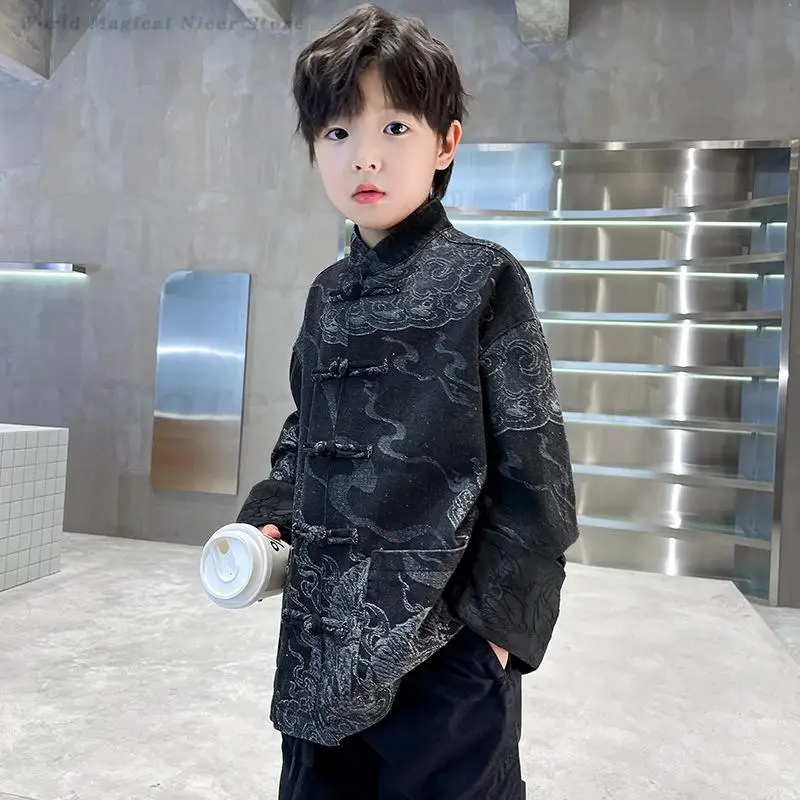 Boys Chinese Tang Costume Child Hanfu Coat Chinese Style Jacket Button Down Qipao Top Adult Shirt Kong Fu Clothing