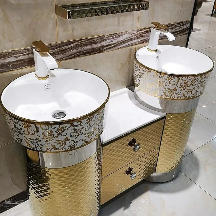 Luxury Golden Floor Standing Mirror Cabinets Single Sink Stainless Steel Bathroom Vanities 6