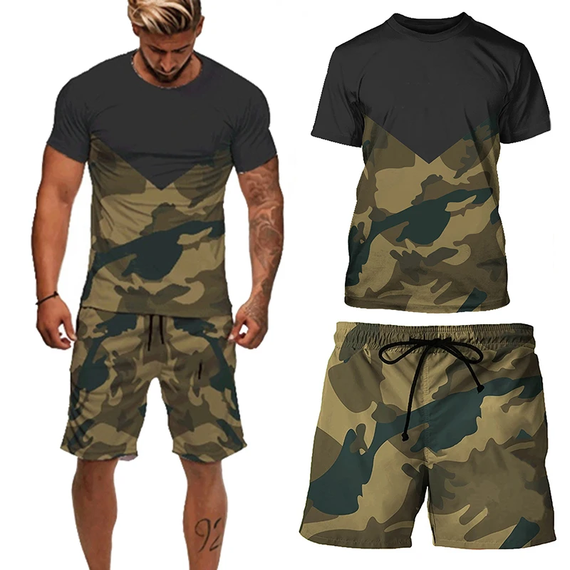 

Summer Men's Casual 2pcs Set Printed Camouflage Army Green Short Sleeve T-shirt Shorts Pants Tracksuit Set