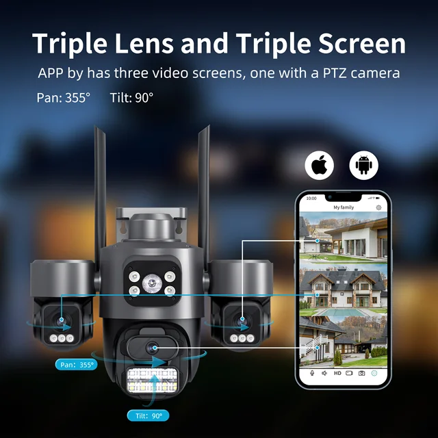 Three Screen Three Lens 15MP HD WIFI IP Camera 10MP Dual Lens Camera Auto Tracking IP66 Waterproof CCTV Video Security Cam iCsee 3