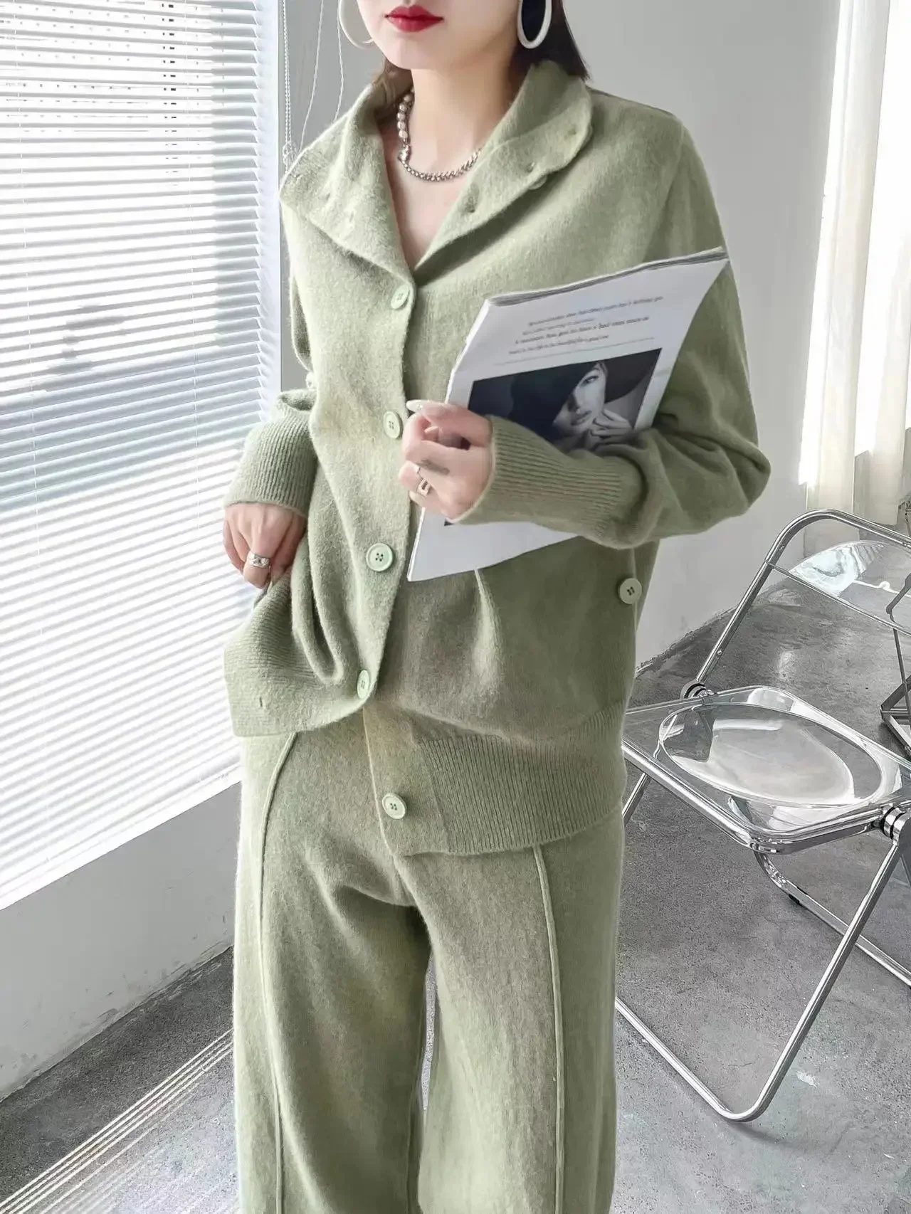

Cardigan Knitted Sweater Set Women Elegant Solid O-Neck Pullovers and Wide Leg Pants Suit Lady Winter Soft 2 Piece Set Homewear