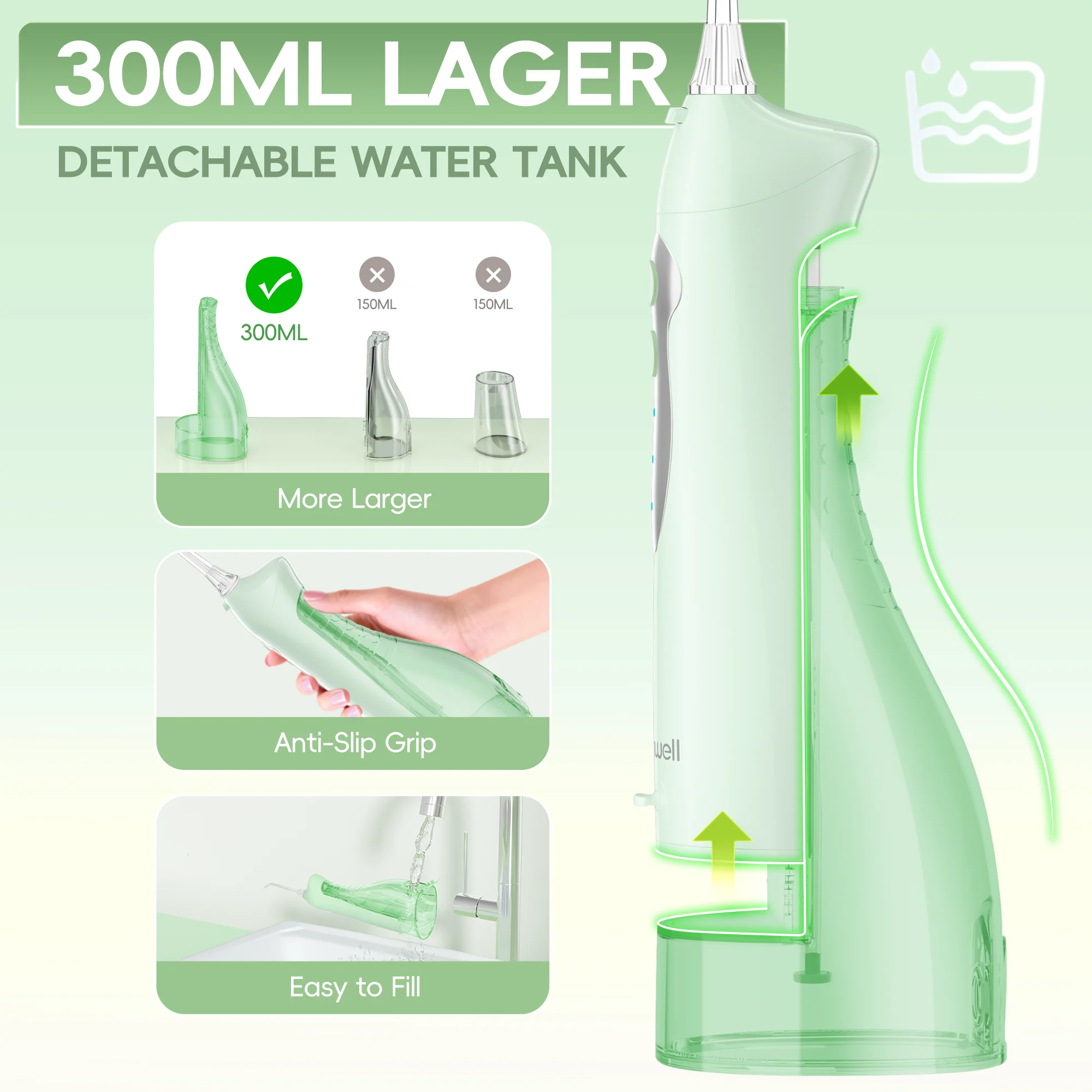 모른웰 워터 플로서 치아 세정기 - 휴대용 300ML 픽젯 3가지 모드, 충전식 IPX7 방수 치아 청소기-5012D(D52)