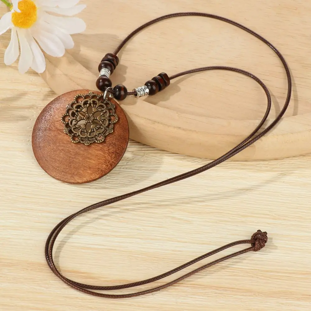 Vintage Wooden Pendant Necklace with Ethnic Chain and Clock Accent