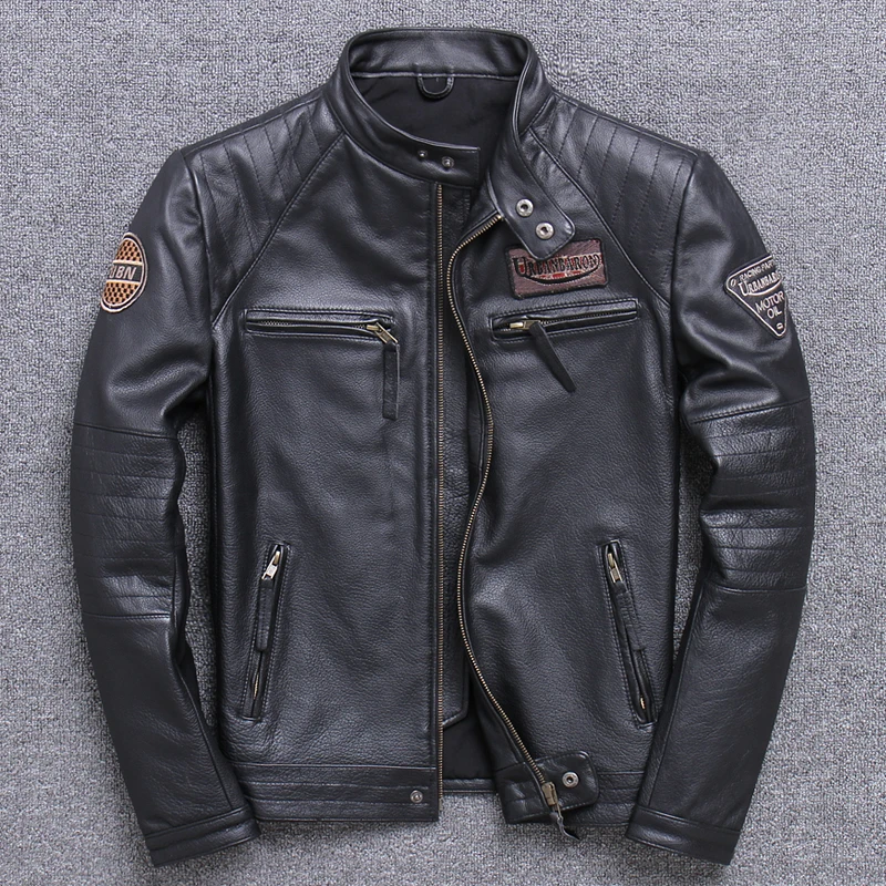 Men Genuine Leather Jacket Fashion Biker Jackets Vintage Slim 100% Natural Cowhide Coat Real Leather Motorcycle Biker Clothing