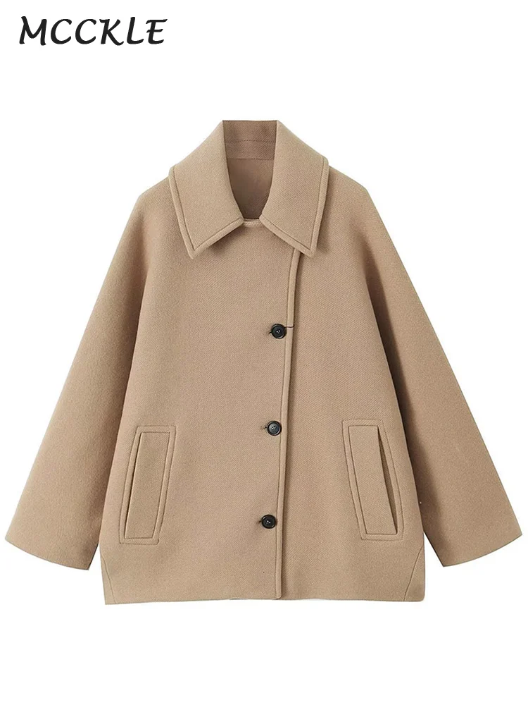 Single-breasted Lapel Coats Women Loose Woolen Long Sleeve Pockets Short Jacket Female Autumn Winter Elegant Casual Tops Outwear 5