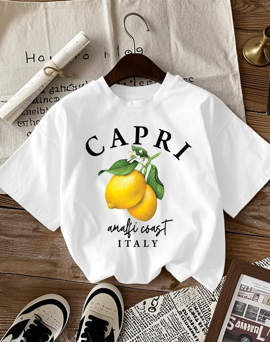 Italian Lemon Print Women's Cotton T-Shirt - O-Neck Short Sleeve Trendy Loose Streetwear Summer Top