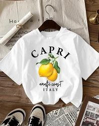 Italian Lemon Print Women's Cotton T - Shirt - O - Neck Short Sleeve Trendy Loose Streetwear Summer Top - S (White)