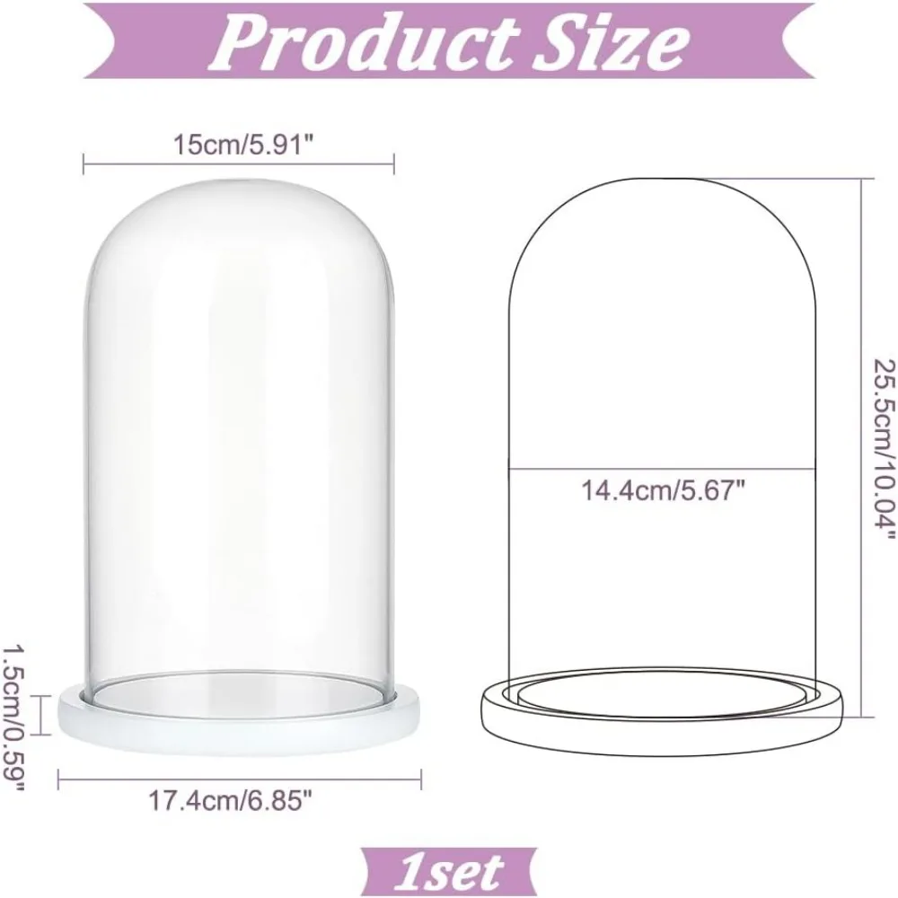 1pc Glass Display Cloche Dome Decorative Glass Dome Cover for Rose Office Home Tabletop Centerpiece Decor 5.91&times;10.04 Inch