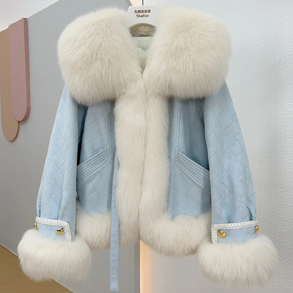 

Women New Winter Coat High Quality Natural Fox Fur Collar Cuff Jacket Goose Duck Down Inside Ladies Warm Outwear