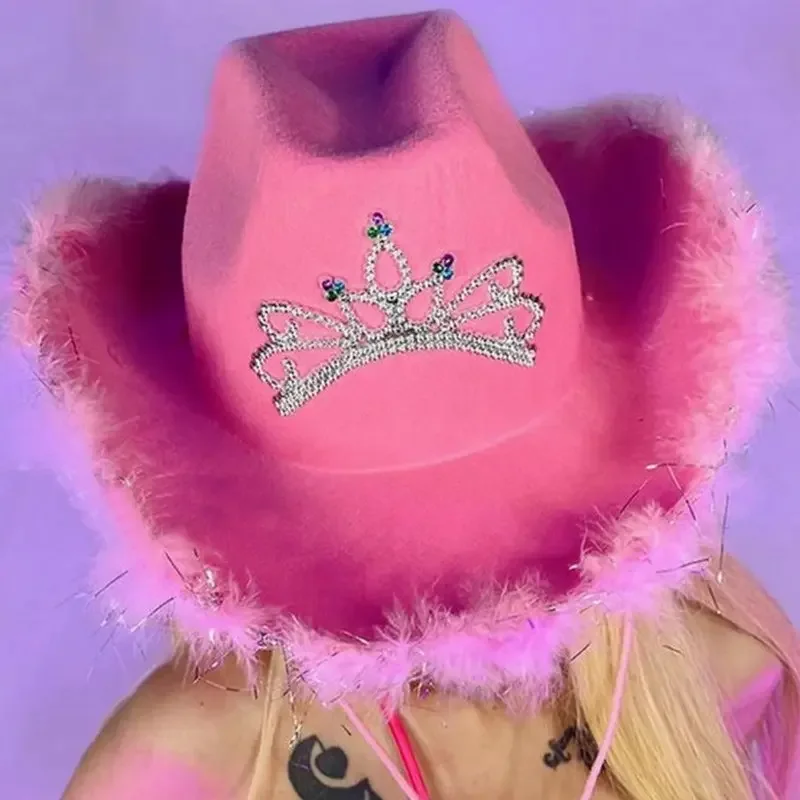 New Western Cowboy Caps Y2K Pink Cowgirl Hat Women Girl Tiara Cowgirl Hats Holiday Costume Party Cap Feather Edge Fedora Cap cowboy hats cowgirl hats