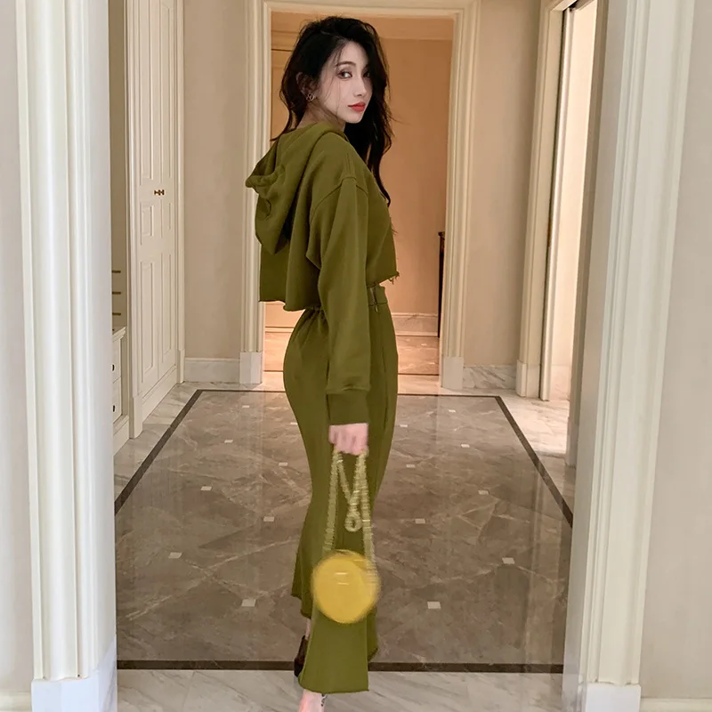 Vintage Casual Dresses Two-piece Hooded Sweatshirt and Midi Dresses Autumn and Winter New High Waist Solid Ankle Long Dresses