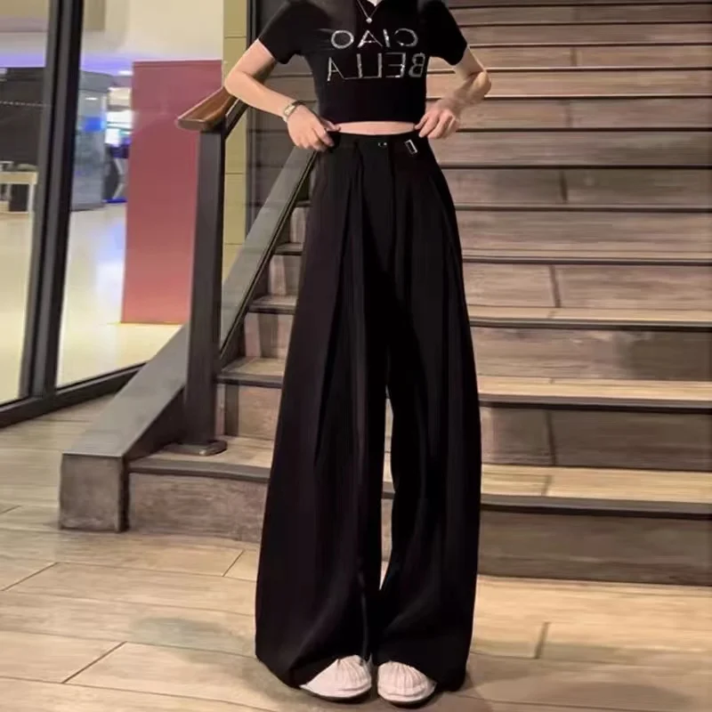 Lace up suit wide leg pants for women's summer 2023 new high waisted loose fitting straight tube casual floor mop pants