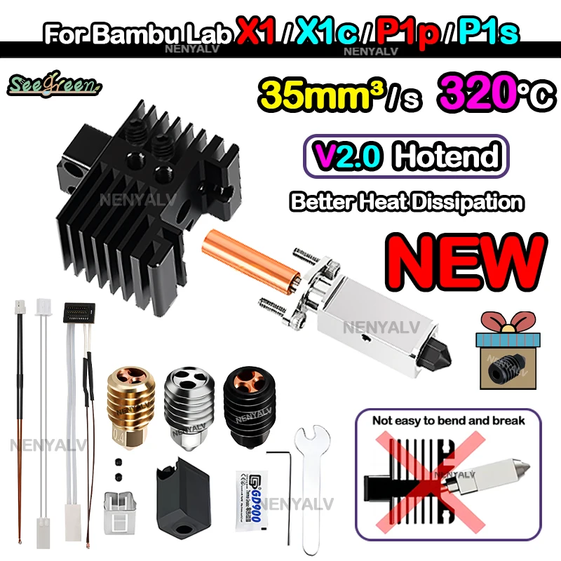 Bambulab Bi Metal Fit 업그레이드 2.0 버전, Cht 깍지 Bambu lab X1 X1C 핫엔드 P1S P1P 서미스터, 황동 구리 경화
