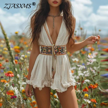 Abiti sexy scollo a V profondo abiti da festa vuoti donna primavera fasciatura stampata volant abito corto mini abito estivo senza maniche 1