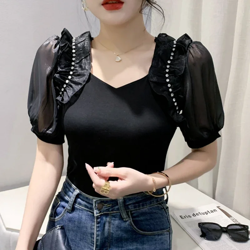 EMOTTOS Crop Tops T Shirt Donna, Top Corto Y2K Fuori Spalla Collo a V Manica Corta, Maglia Scollata Basic Crop Top Tinta Unita Aderente Slim Fit Sexy Estate, Bianco L