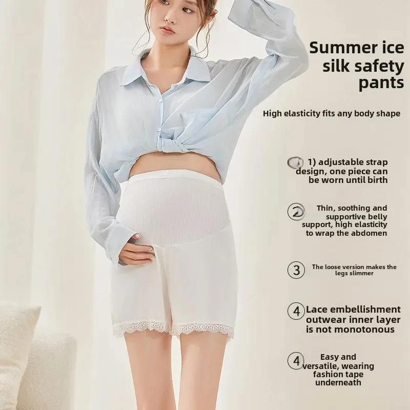 Maternity Base Layer Pants Three-Quarter Length Short Shorts Thin Summer Cool Feeling Floral Edge Safety Pants for Pregnant Wome