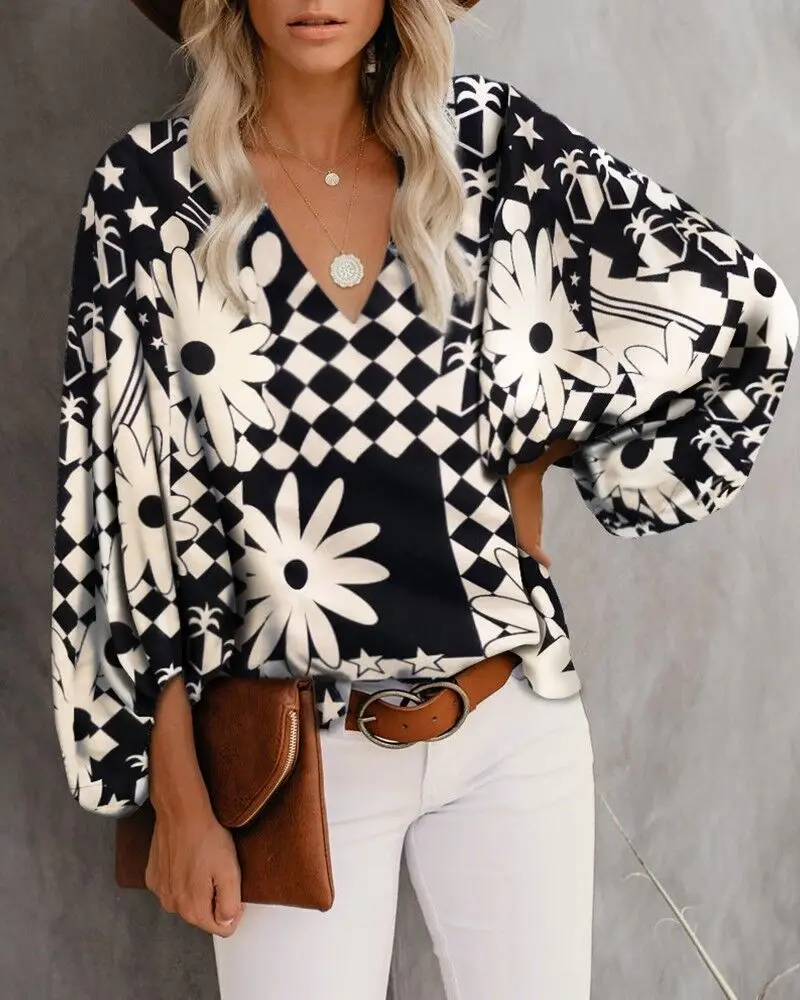 Frauen V-ausschnitt Tie Dye Leopard Print Bluse Shirts Casual Langarm Lose Pullover Bluse Tops BNS-H6651_voghion.com