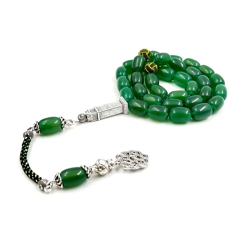 مسبحة-حجر العقيق الأخضر الطبيعي ، على شكل اسطوانة...