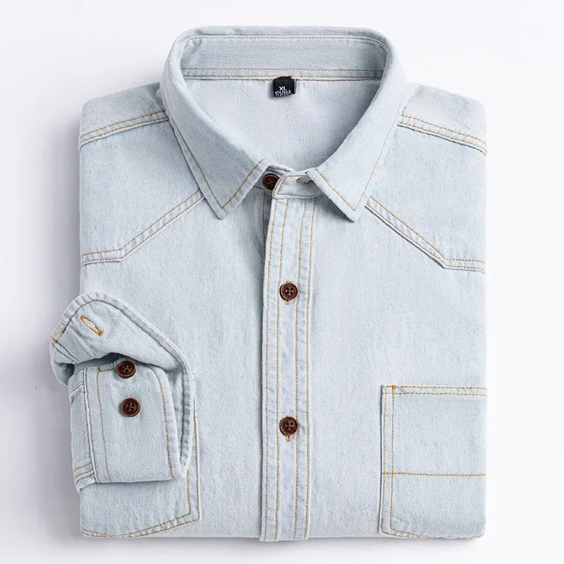Classic Cotton Long-Sleeve Denim Pocket Design Shirt Fashion Embroider Comfortable Clothes