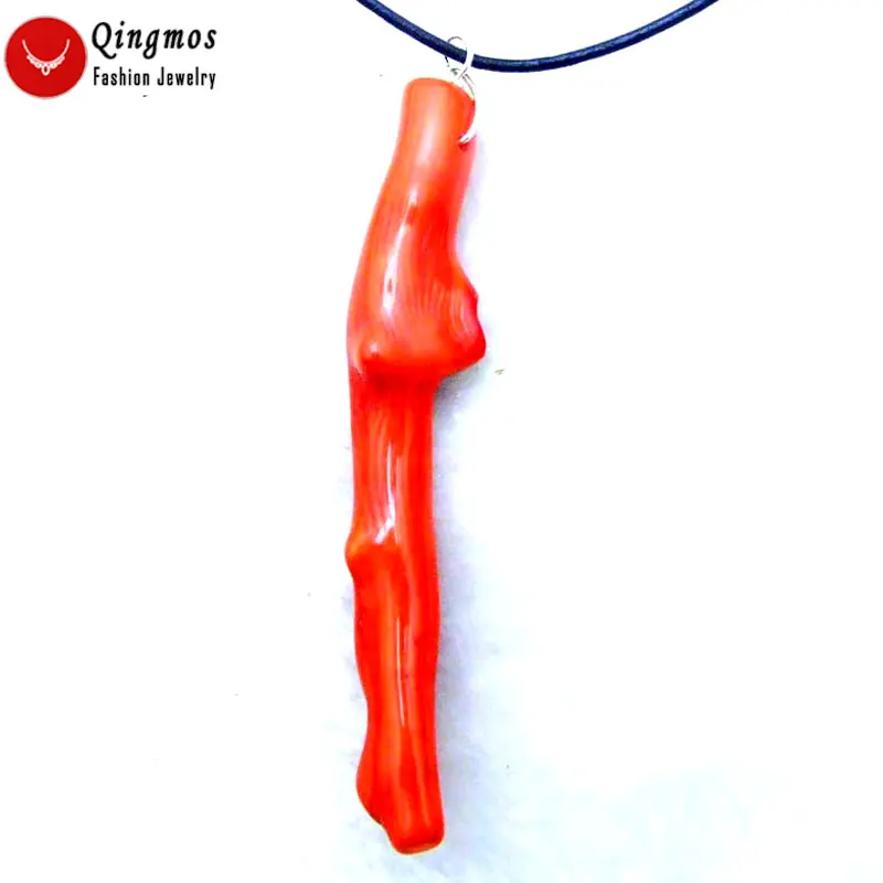 

Qingmos 70-90mm Branch GENUINE Red Coral Pendant Necklace for Women with Natural Coral Black Cord 18" Chokers Jewelry