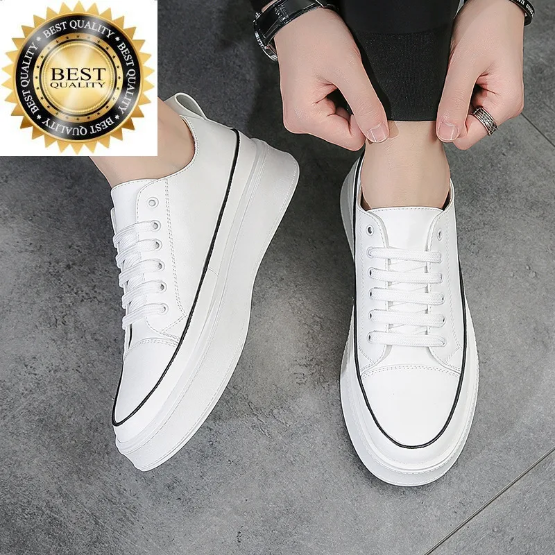 

platform Korean leisure style men's shoes original leather flats white shoe breathable lace-up footwear streetwear sneakers mans