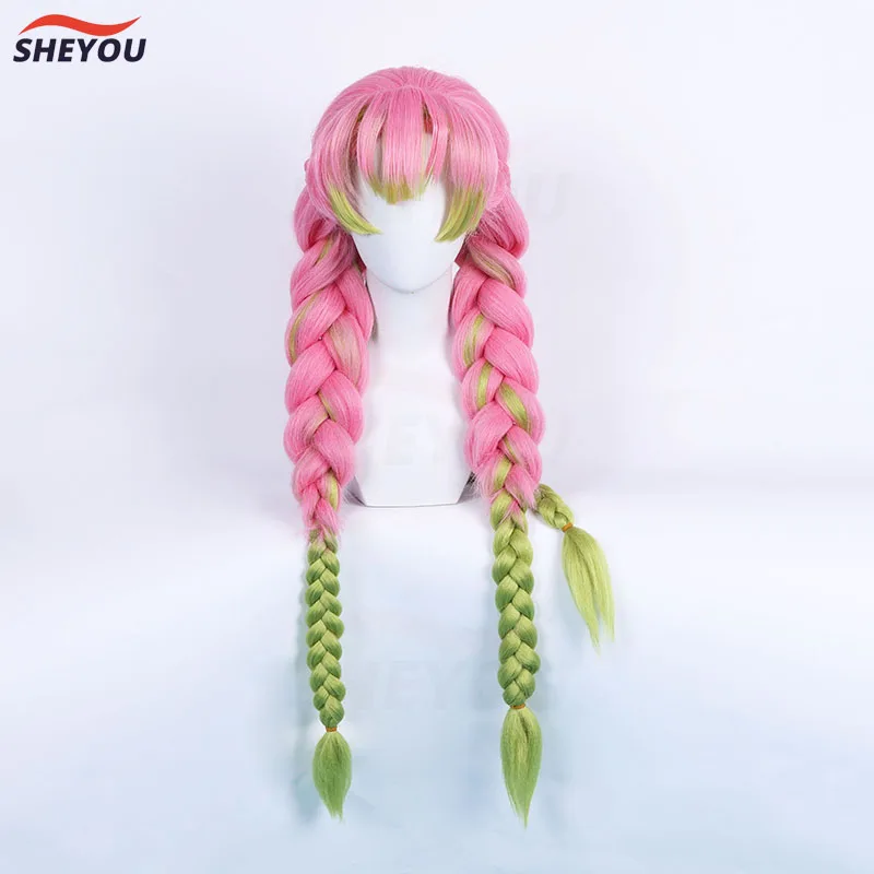 Magas légnyomású levegő minőségű kanroji mitsuri cosplay Paróka Anime stv Zsozsó Rózsi Gabalyodik Ellenálló Szintetikus haja Halloween wigs + Paróka kupak