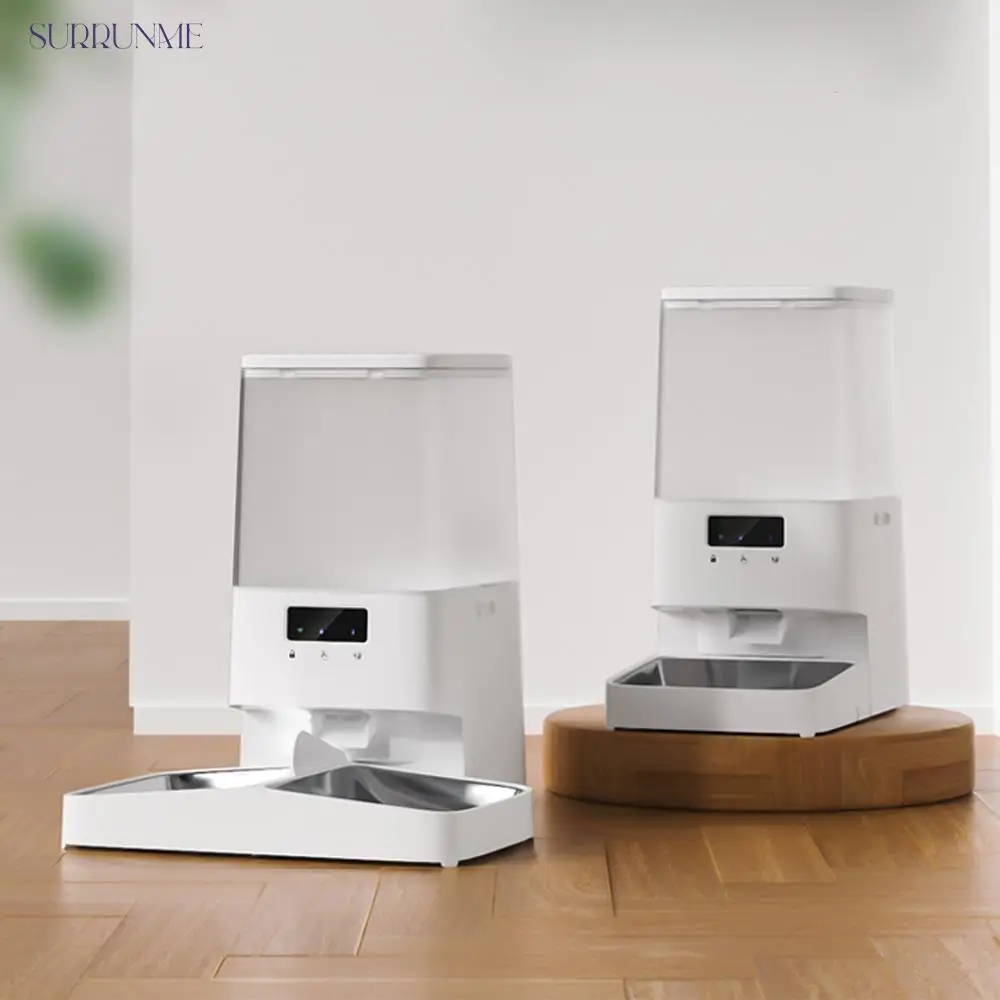 

New 5L Ultimate 0 Stuck Food Smart Pet Feeder Double Stainless Steel Cat Bowl Button or WiFi Control with Stand Dog Dispenser