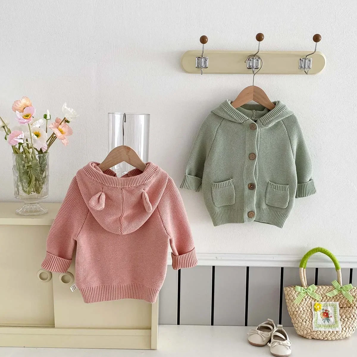 Autumn Spring New in Kids Baby Girls Boys Casual Clothing , Infant Toddler Hooded Solid Color Knitted Top Outwear Coat