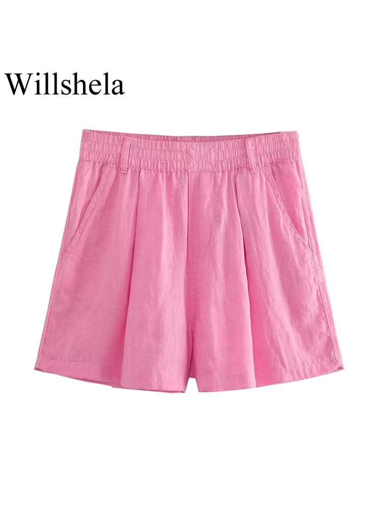 

Willshela Women Fashion With Pockets Pink Mini Cargo Shorts Vintage High Elastic Waist Female Chic Lady Shorts