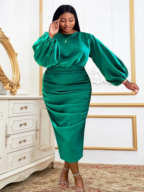 Plus Size Green Satin Dresses Bodycon Long Sleeve Folds Midi Dress Pleated  Elegant Shiny Evening Christmas Party Birthday Church - Plus Size Dresses -  AliExpress