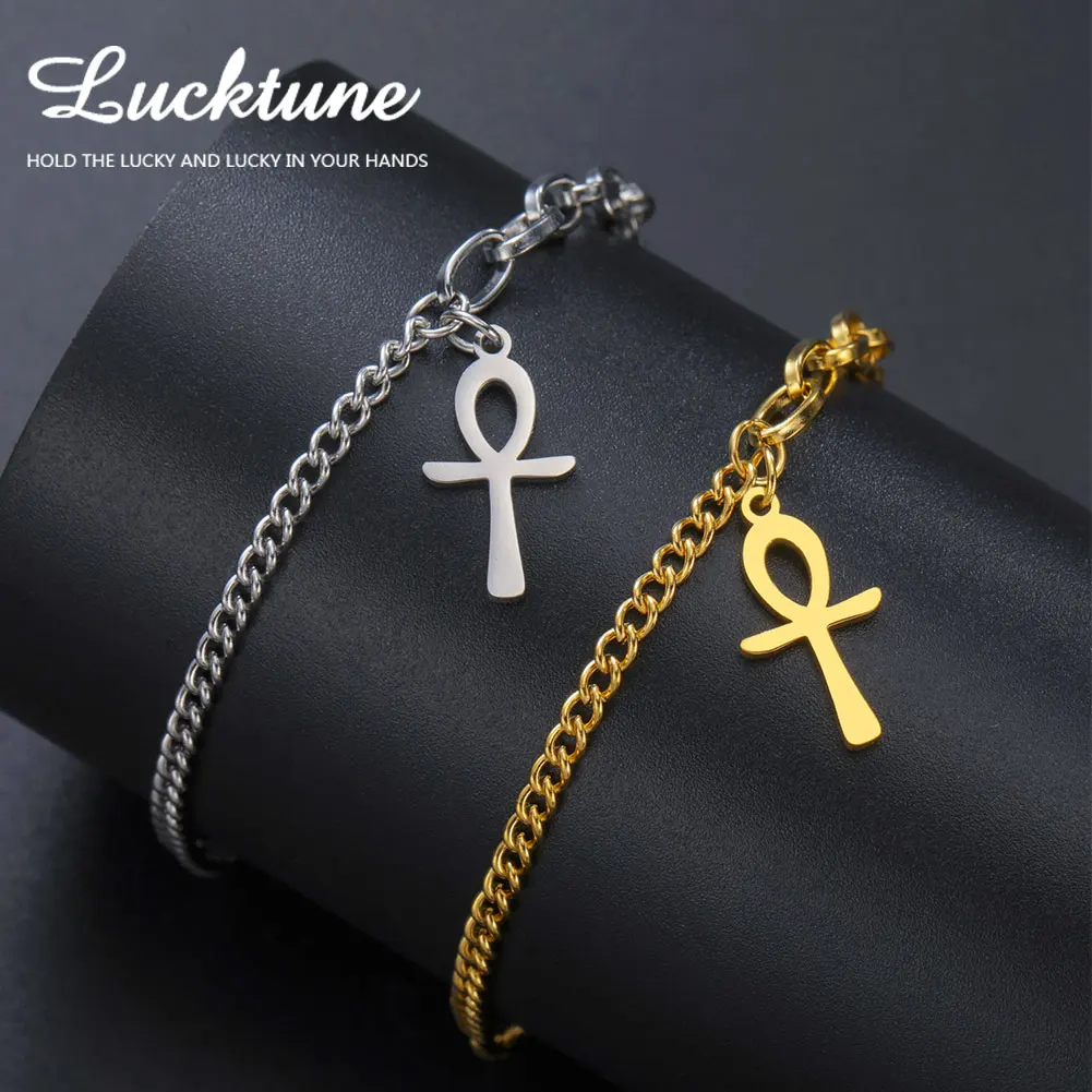 Lucktune Egyptian Ankh Cross Bracelet for Women Men Stainless Steel Vintage Ancient Key of Life Bracelet Amulet Jewelry Gift New
