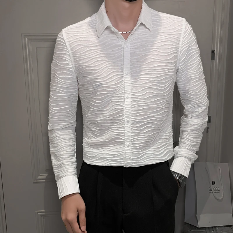 

High-end Water Ripple Shirts Men Long Sleeve Slim Casual Shirt 2022 Autumn Business Social Dress Shirts Party Tuxedo Blouse 4XL